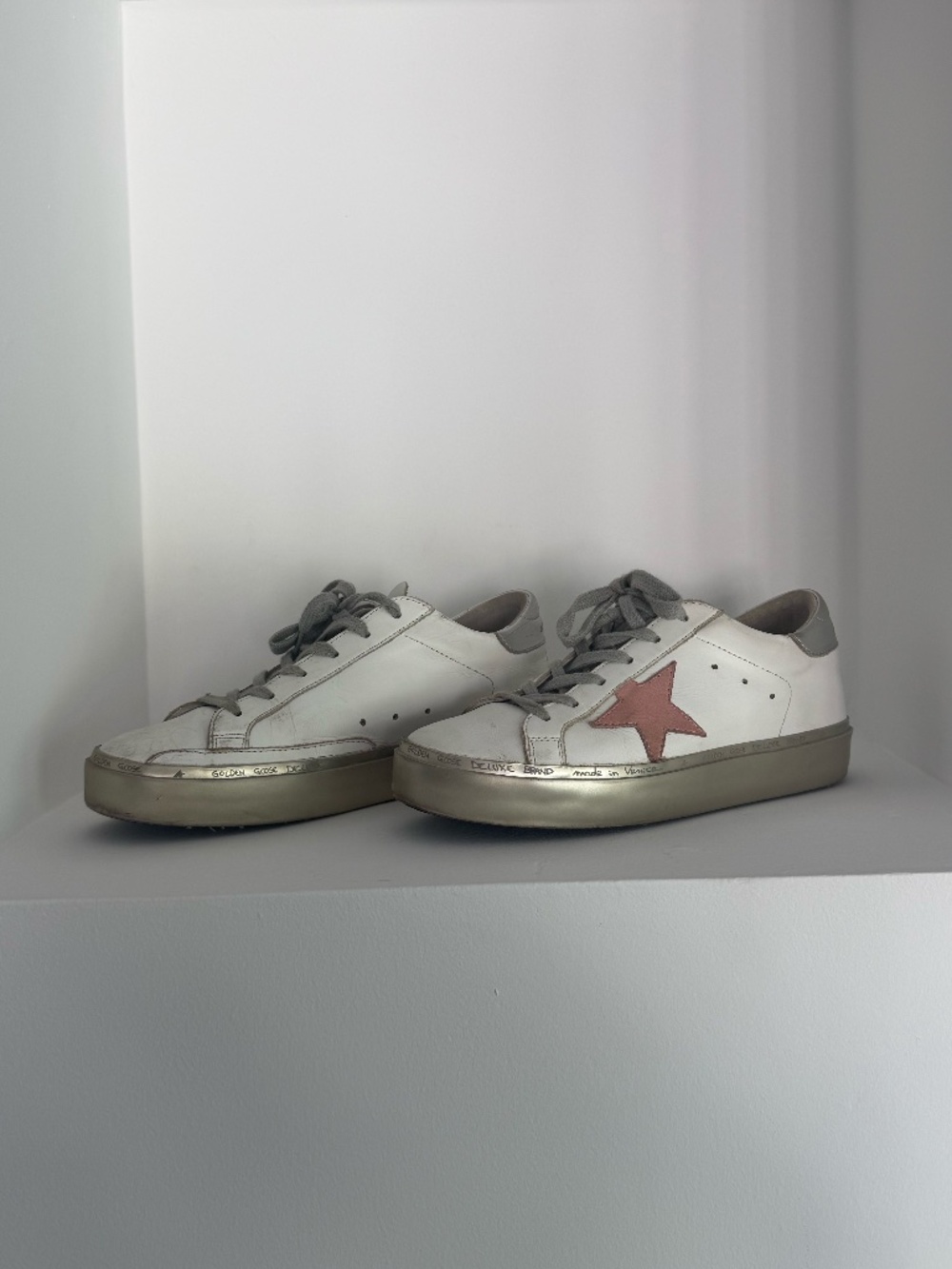 Golden Goose Deluxe Brand Hi Star Sneakers in White, Gold, Pink, and Silver